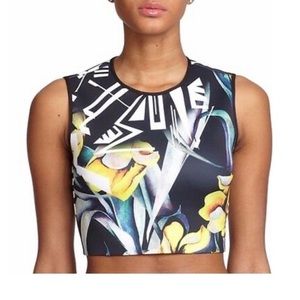 Clover Canyon Black Floral Graphic Crop Top with Yellow Accents